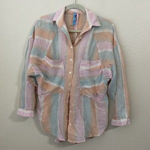 Free People Womens Shirt Small Linen Blend Pockets Multicolor FLAWED